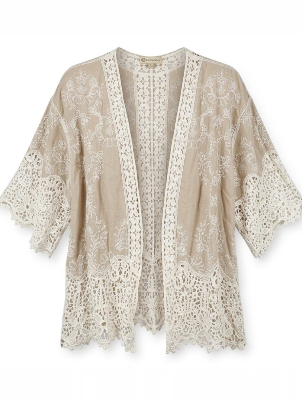 Democracy Lace Crochet Kimono Cardigan Sz.L Beige Embroidered Boho Layering Top